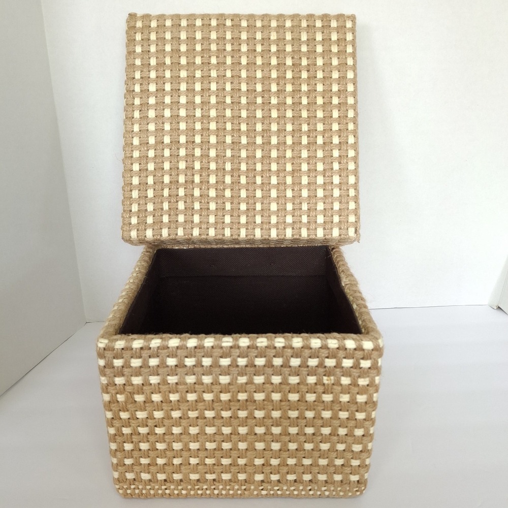 Wooden‎ Raffia Jute Cover Trinket Storage Box Desktop Keepsake Case Square 10"